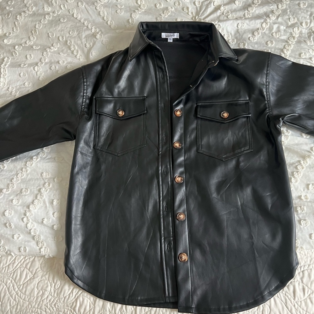 Black Button Down Leather Shacket - image 5